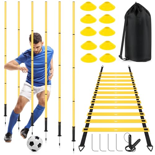 Soccer Agility Training Equipment: 6 Soccer Agility Poles, 20ft Agility Ladder, 10 Soccer Cones, 1 Jump Rope. Soccer Training Poles for Speed Training, Agility Training