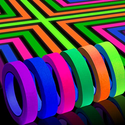 Whaline 6 Colors Neon Gaffer Cloth Tape Fluorescent Rainbow Color UV Blacklight Glow in The Dark Tape Neon Duct Reflective Tape for UV Party Theatres Staged Dark Areas(0.6 inch x 60 feet)