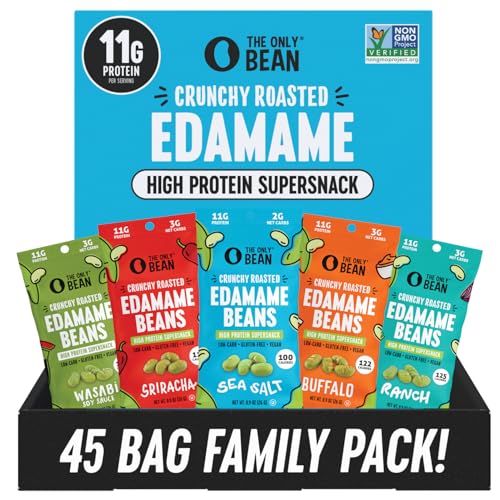 The Only Bean High Protein Snacks, Healthy Office Snacks, Healthy Snacks for Adults and Kids for Lunch, Vegan, Low Carb & Gluten Free - Edamame Beans Snack, Variety Pack - 0.9oz (Pack of 45)