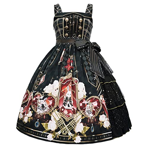 Mingyuezai Women's Lolita Dress Printed Sleeveless Princess Cosplay Costume(Slip Dress(Black), L)