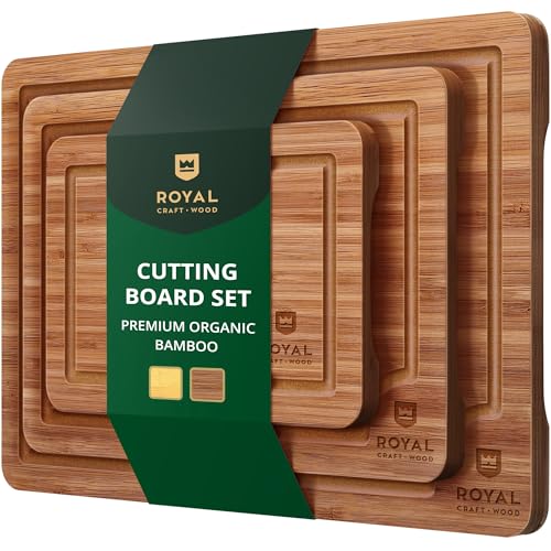ROYAL CRAFT WOOD Wooden Cutting Boards for Kitchen Meal Prep & Serving - Bamboo Wood Serving Board Set with Deep Juice Groove Side Handles - Charcuterie & Chopping Butcher Block for Meat (3 Pcs)