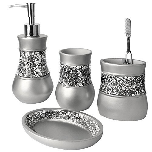 Creative Scents Crackled Glass Silver Bathroom Accessory Set - 4 Piece Bathroom Sets Accessories Included: Soap Dispenser, Toothbrush Holder, Tumbler and Soap Dish