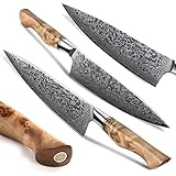 HEZHEN Damascus Kitchen Knives Set, Damascus Steel Japanese Style Chef Knife Utility Knife Santoku Knife,Figured Sycamore Wood Handle