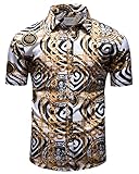 fohemr Mens Luxury Outfit Set Black Gold Shirts and Shorts 2 Piece Tracksuit Set Baroque Button Down Chain Print Suit with Bucket Hats Large