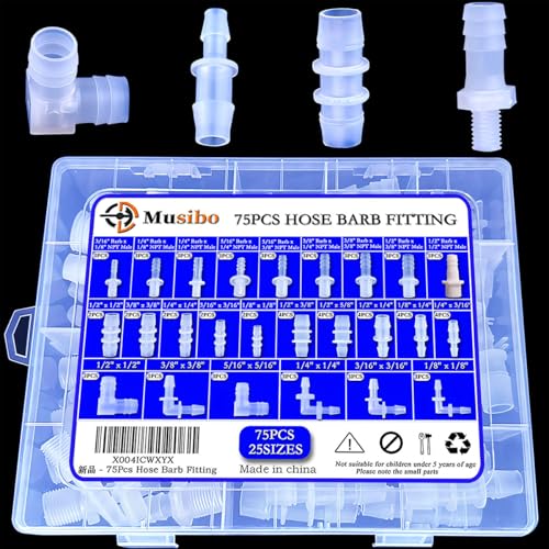 75 Pcs 25-Size Plastic Hose Barb Fittings Assortment, Barb + NPT Male Thread Adapter Fittings, 90 Degree Elbow L Fitting, Barb Reducer, Plastic Joint Splicer and Union Adapters for Fuel, Gas, Liquid.