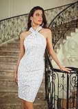 Women Halter Bodycon Pencil Dress Sparkly Glitter Sequin Dress Sleeveless Silver L