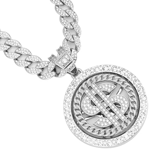 Fomobymi Cuban chain fake necklace 18K gold-plated hip-hop necklace circular US dollar logo rotatable pendant, Men's and Women's Necklace (Silver)