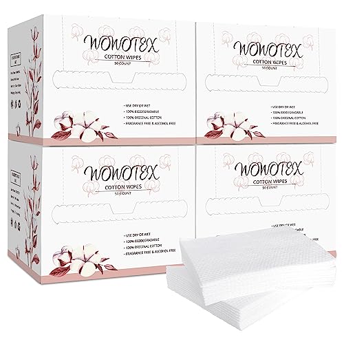 WOWOTEX 100% Cotton Disposable Face Towel Biodegradable Face Towel for Drying Face 200Count/4Box Extra Thick Soft One Time Use Face Towels 10"×12" Large Clean Towels for Sensitive Skin, Baby Care