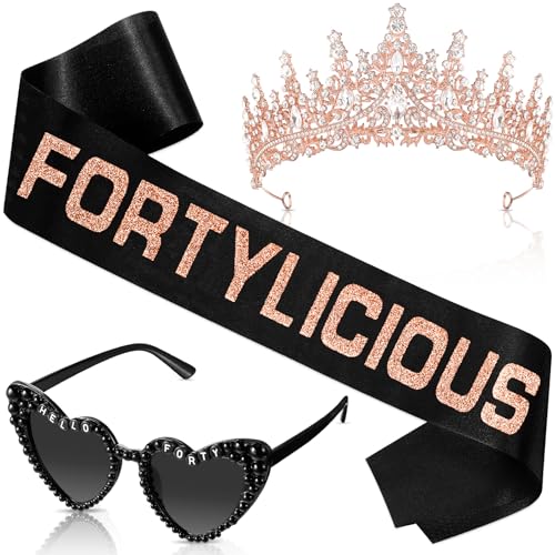 3 Pcs 40th Birthday Decorations for Women, 40th Birthday Sash and Crown Tiara Fortylicious Hello Forty Sunglasses(Rose Gold)