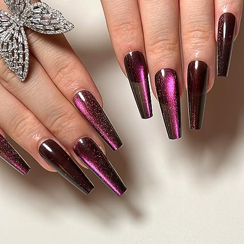 KKUUOO Purple Press on Nails Long,Long Fake Nails Coffin False Nails with Solid Color Design Glitter Acrylic Nails Glossy Artificial Nails Full Cover Stick on Nails Glue on Nails for Women 24Pcs