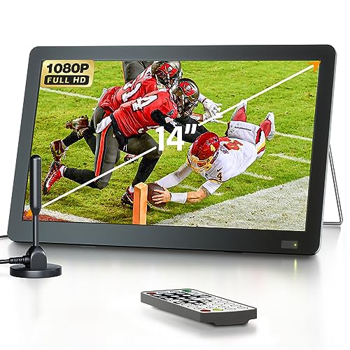 14 inch PortableTV with Antenna,DESOBRY Portable Small TV with ATSC Tuner,Rechargeable Mini TV LCD Monitor 1080P,Built-in TV Stand,HDMI Input,USB,AV in,Supports Camping,Kitchen,Car
