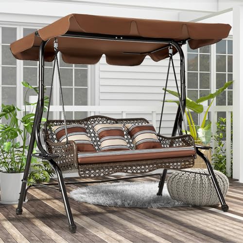 AECOJOY 3-Seat Proch Swing Chair, Patio Swing with Canopy, 2 Side Trays, 3 Pillows & Removable Cushion, Patio Wicker Swing with Stand Outdoor Swings for Adults, Balcony, Garden, Deck(Brown Rattan)