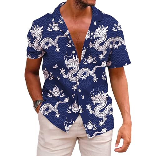 KYKU Dragon Button Up Shirts for Men Hawaiian Print Shirt with Pockets, Blue White, L