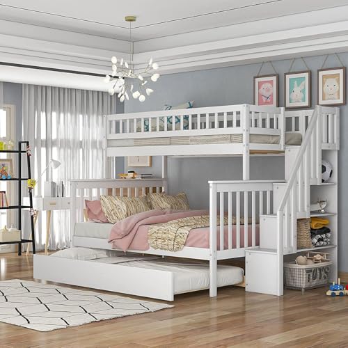 Harper & Bright Designs Twin Over Full Bunk Beds with Twin Size Trundle & Stairway, Solid Wood Bunk Bed Twin Over Full Size with Storage and Guard Rail for Bedroom, Dorm, Kids, Teens,Adults,White