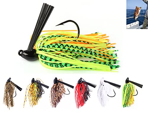 6Pcs-Weedless-Swimming-Jigs-Fishing-Lure,Saltwater Chatter Fish Baits for Bass Fishing Lures Jig Heads with Weed Guard Freshwater Crappie Artificial Bait Hooks Mix Color Skirts Kits for Pike Trout