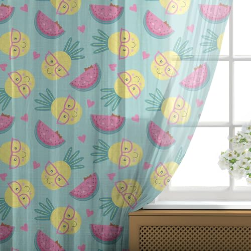 Ambesonne Summer Tulle Curtains with Rod Pocket, Nerd Pineapple Faces Along Smart Girly Smiling Watermelons Exotic Friend, Sheer Drape for Wedding Party 2 Panels, 108" x 72", Pink Mustard Turquoise