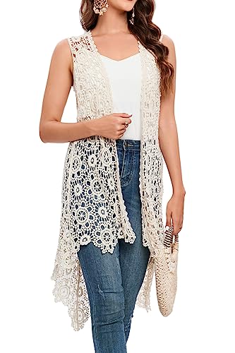 Women's Casual Long Crochet Vest Loose Fit Boho Lace Cover up High Low Sleeveless Cardigan (Beige)