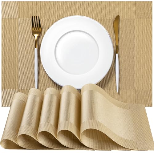 Placemats Set of 8 - Easy Clean Woven Vinyl Placemats for Dining Table, Indoor/Outdoor Place Mats, Washable PVC Table Mats（Gold Cube）