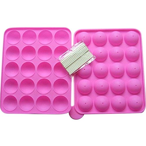 Rbenxia Silicone Cake Mold 20-cavity Half Circle Lollipop Party Cupcake Baking Mold Cake Pop Stick Mold Tray Hot Pink with 25 Sticks