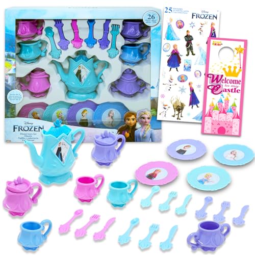 Disney Frozen Tea Set - 26 Pc Bundle with Frozen Tea Party Decorations, Cups, Tea Pot, Featuring Anna and Elsa Plus Frozen Stickers, More | Frozen Tea Set Party Supplies