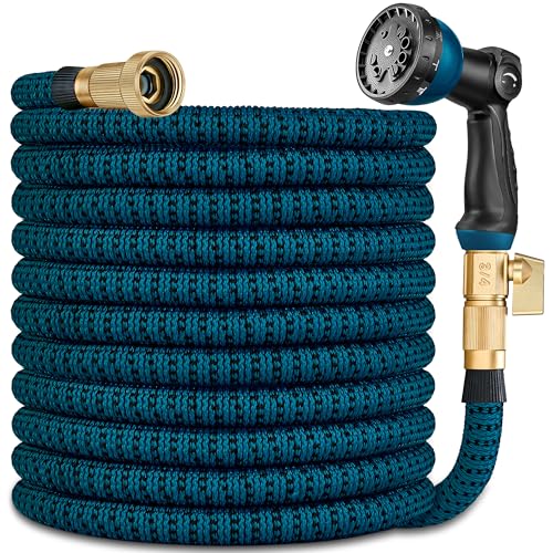 50 FT Expandable Garden Hose – 2025 New Flexible Garden Hose with 10-Function Spray Gun, Heavy-Duty Strength 3750D, Pure Brass 3/4” Fittings – Lightweight, Durable, and Kink-Free(Blue Black)