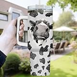 34HD Cow Christmas Gifts for Women, Funny Cow Print Tumbler 40 Oz with Handle and Straw Stainless Steel, Heifer Cow Cup, Cow Gifts for Cow Lovers Women