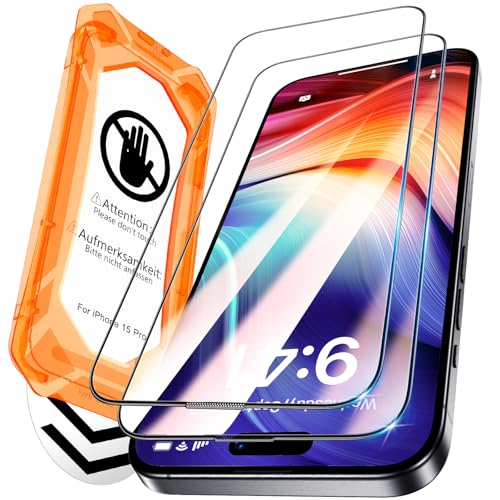 BAZO for iPhone 15 Pro Screen Protector - [Military Grade Shatterproof & 9H+ Hardness] Unbreakable Screen Protector 15 Pro Tempered Glass 9D Full Coverage Protection, [Auto-Dust Removal]Easy Installation, 2 Packs