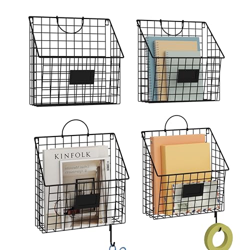 Yuzehuaza Hanging Wall File Holder Organizer Metal Wall Mount File Folders Holder Magazine Rack with Handles and Hooks , for Home Office, 4 Packs, Black (Patent Pending)