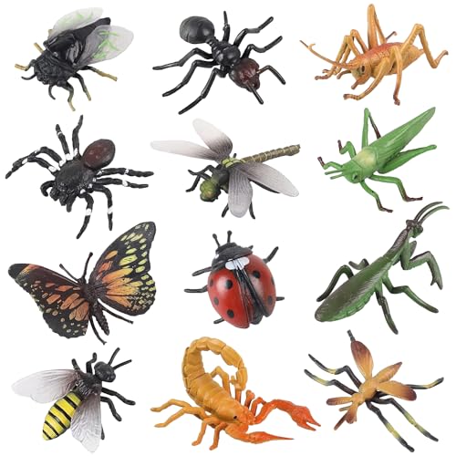Realistic Insects and Bugs Toy for Kids, 12Pcs Large Plastic Insects Figure Bugs Figurine Set for Kids Children with Ant Ladybug Bee Butterfly Scorpion Spider Mantis, Pet Toys Halloween Party Favors