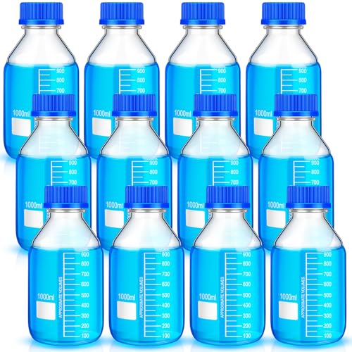 Irenare 12 Pieces Media Storage Bottles Borosilicate Storage Glass Scientific Round Graduated Media Bottle with Blue Gl45 Screw Cap for Lab Water Reagent Liquids (1000 ml)