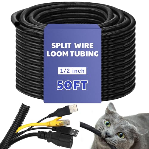 Kanayu Split Flame Retardant Wire Loom High Temperature Cable Conduit Split Cable Sleeves Loom Tubing Auto Wire Conduit for Industrial Electrical Automotive Marine(1/2''-50 ft,Black)