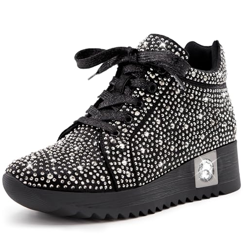 FINDVELL Women's Fashion Glitter Sneakers Platform Wedge Shoes Sparkly Rhinestone High Top Sneakers Trendy Sequin Shoes Wedding Bride Dress Size 11 Black