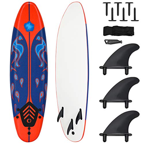 Giantex Surfboard, 6 Ft Stand Up Surfing Board w/ 3 Detachable Fins, Safety Leash, Non-Slip Lightweight Foam Surfboard for Kids, Teenager, Adults (Red)