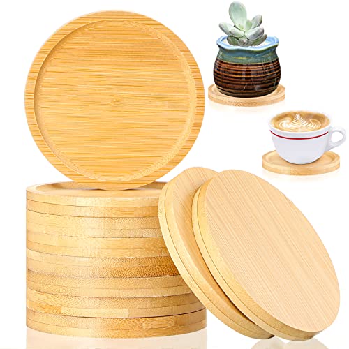 Patelai 10 Pcs Round Bamboo Coasters for Planters Small Plant Saucer 3.74 Inch Bamboo Planter Drink Saucer Trays DIY Resin Coasters Gifts Tabletop Planters Protection Home Office Decoration