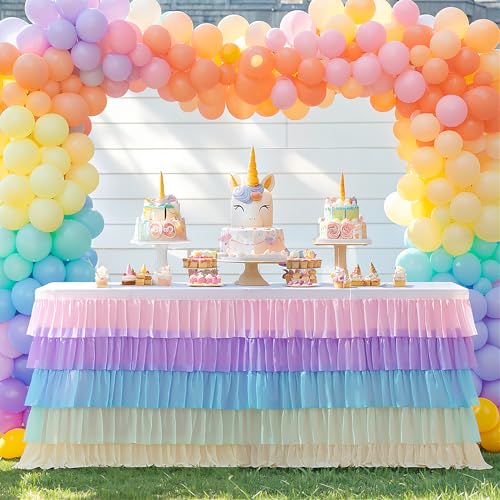 Besutolife Rainbow Table Skirt Tutu Unicorn Tablecloth for Birthday Party Baby Shower Unicorn Party Table Cloth 9ft