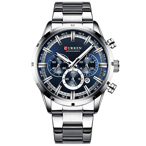 CURREN Mens Watch Sport Quartz Chronograph Wristwatches with Luminous hands Fashion Stainless Steel Clock date (Silver blue)