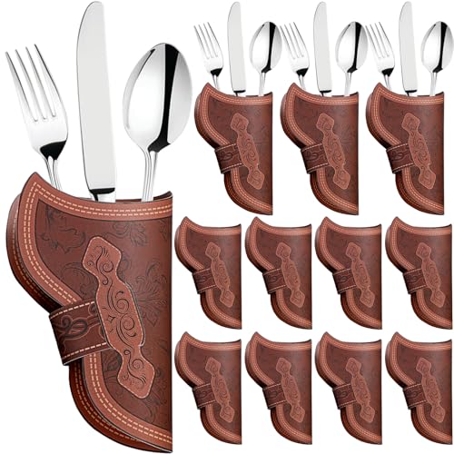 Newtay Cowboy Holster Silverware Holders Cardstock Brown Cutlery Sleeve Knife and Fork Tableware Holder Pocket Vintage Utensil Holders Pouch Bags for Western Party Table Decorations (36 Pcs)