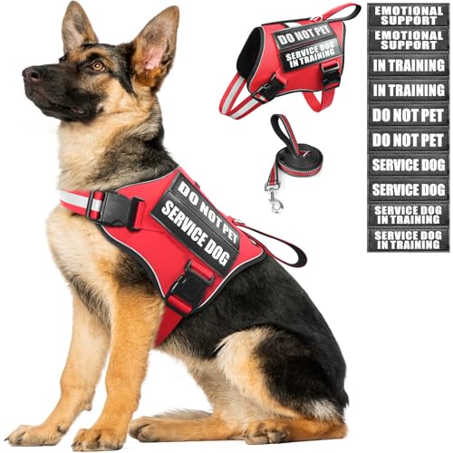 MOOGROU Service Dog Vest Harness and Leash Set+10 Patches,No Pull&Adjustable Reflective Dog Harness with Soft Padded Handle for Training/Everyday,Fit Small/Medium/Large/Extra-Large Dogs(Red XL)