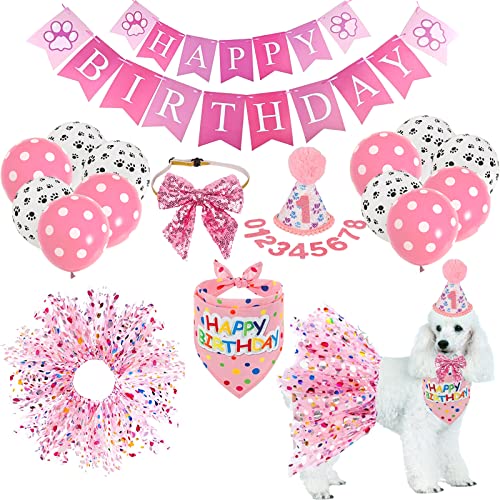 Dog Birthday Bandana Hat Girl Dog Birthday Party Supplies Red Bowtie Dog Tutu Skirt for Girl Dog Birthday Decorations