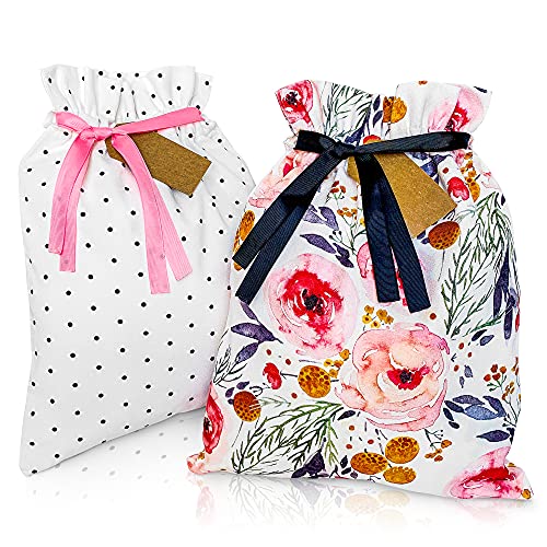 Gather & Knot Drawstring Gift Bags | 16" Medium | Premium Canvas | Reusable Fabric Wrap for Mother's Day, Weddings, Bridesmaids, Birthdays - All Occasion | Pink Floral