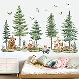 wondever Mountain Tree Wall Stickers Large Pine Tree Forest Animals Bear Deer Peel and Stick Wall Art Decals for Kids Bedroom Baby Nursery