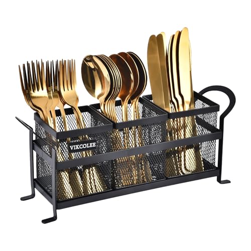 VIKCOLEE Kitchen Utensil Holder, Silverware Organizer Holder, Compact Metal Organizer for Flatware, Spoons, Forks, and Knives - 3 Separate Compartments Perfect for Kitchen Countertop- Black