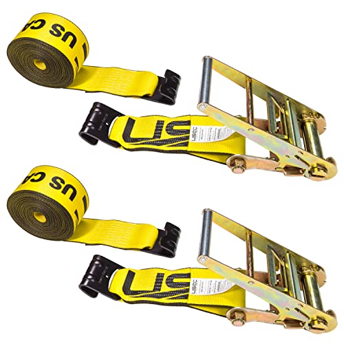 US Cargo Control Flat Hook Ratchet Straps 4 Inch x 27 Foot (2-Pack), 5,400 LBS Working Load Limit, Yellow 4 Inch Ratchet Straps Heavy Duty for Flatbed Trailers, Professional Flatbed Hauling