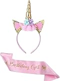 Nenluny Unicorn Happy Birthday Banner Pink Unicorn Headband Birthday Girl Sash Set for Unicorn Birthday Party Decoration Supplies