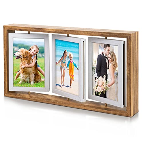 ZEEYUAN 4x6 Rotating Picture Frame Desktop Rustic 4x6in Wooden Photo Frames, Double Side-Display 6 Photos, Floating 4x6 Collage Family PictureFrame for Tabletop Display