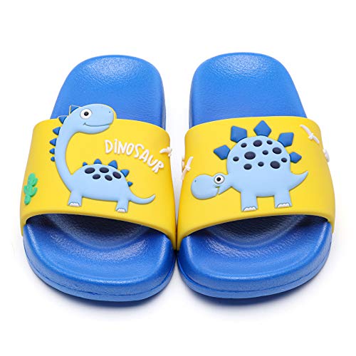MEMON Toddler Little Kids Dinosaur Beach/Pool/Shower Slides/Anti-Skid Home Bath Slippers/Cute Summer Outdoor Shoes for Girls and Boys(2013-blu-16)