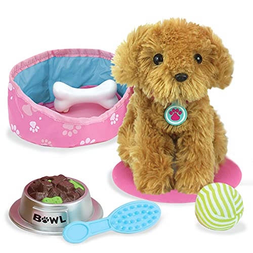 Sophia's 18" Doll 8 pc. Golden Brown Plush Puppy Dog, Carrier, and Accessories Set
