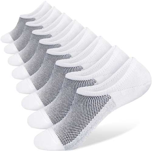 SIXDAYSOX Socks for Men No Show 8 Pairs Size 9-11 White Mesh Knit Low Cut Ankle Socks with Non Slip Grid for Flat Loafer Sneakers