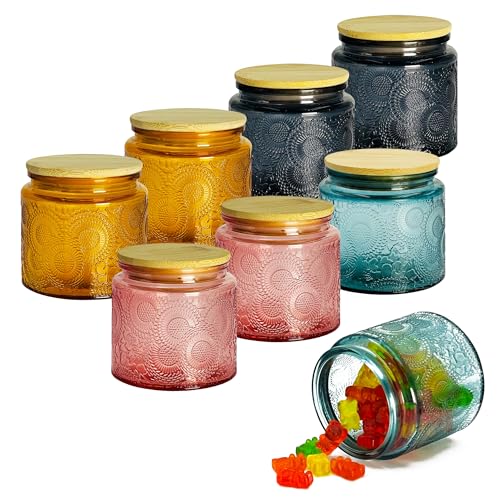 LINGSHINE Decorative Glass Jars With Lids, 12 oz Small Vintage Food Storage Canning Jar With Airtight Bamboo Lid and Labels, For Spices Candle Making Apothecary Kitchen Bathroom (Mixed Color, 8 pack)