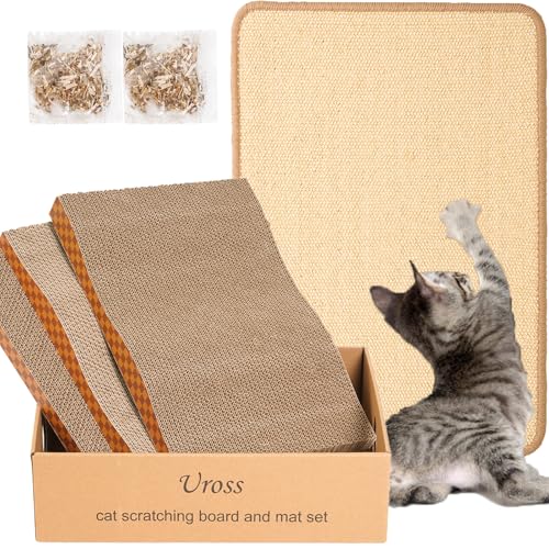 Uross Cat Scratcher Mat & 3pcs Scratching Board Set - Natural Sisal Cat Scratch Mats Large Cat Scratch Rug Scratch Pads Box for Indoor Cats Scratch Pad for Horizontal Cat Scratcher